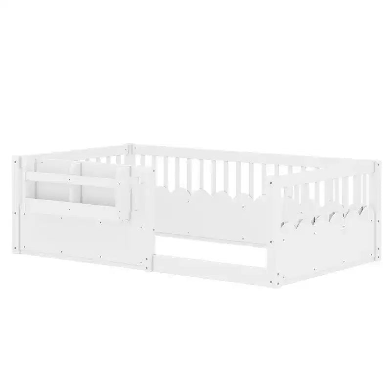 Cadre de lit au sol Montessori (Simple/Double/King) en bois avec barrière de sécurité et étagère à livres