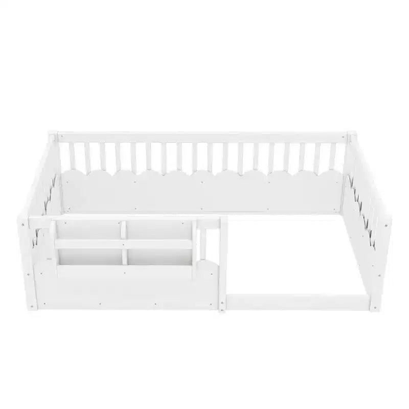 Cadre de lit au sol Montessori (Simple/Double/King) en bois avec barrière de sécurité et étagère à livres