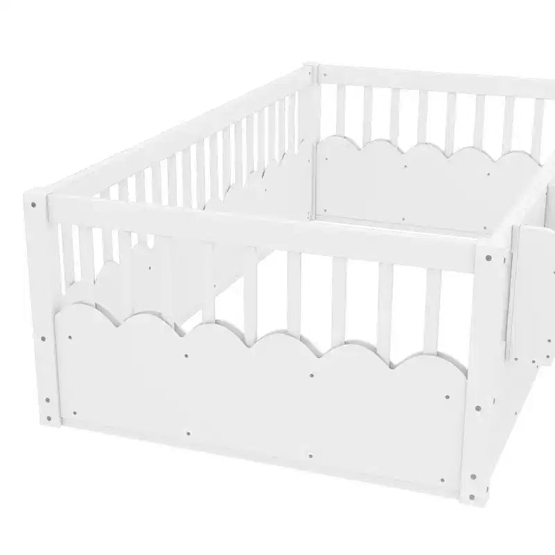 Cadre de lit au sol Montessori (Simple/Double/King) en bois avec barrière de sécurité et étagère à livres
