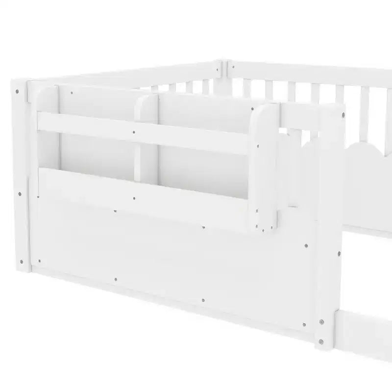 Cadre de lit au sol Montessori (Simple/Double/King) en bois avec barrière de sécurité et étagère à livres