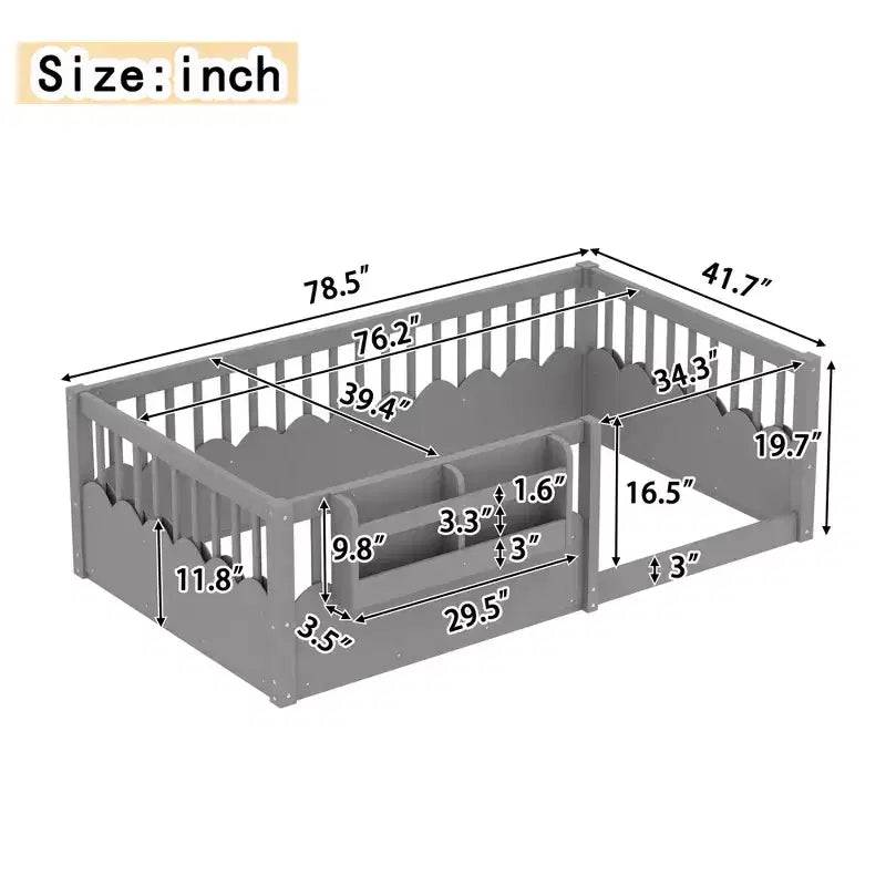 Cadre de lit au sol Montessori (Simple/Double/King) en bois avec barrière de sécurité et étagère à livres