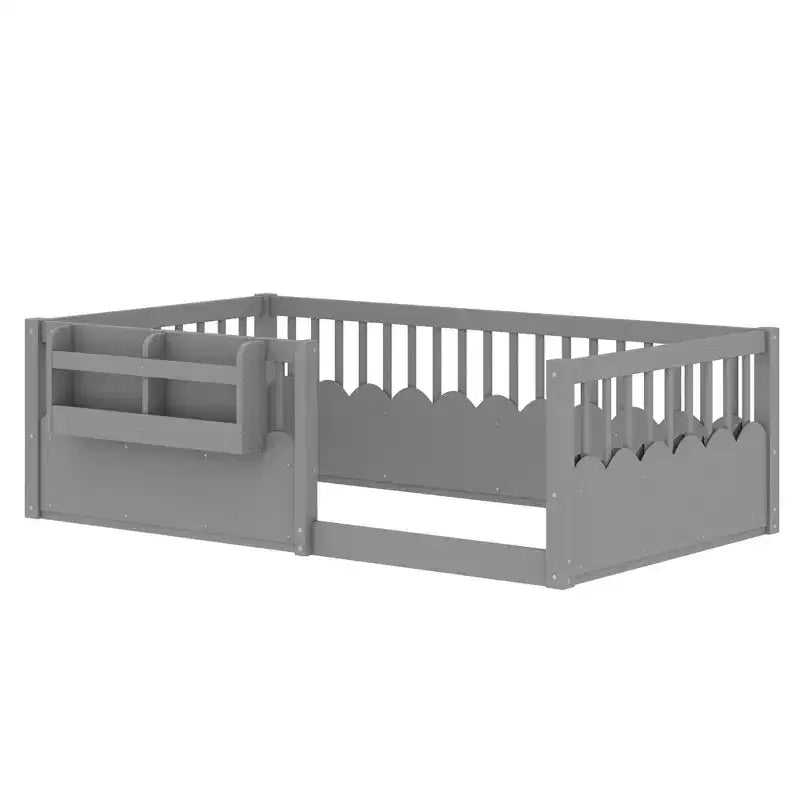 Cadre de lit au sol Montessori (Simple/Double/King) en bois avec barrière de sécurité et étagère à livres