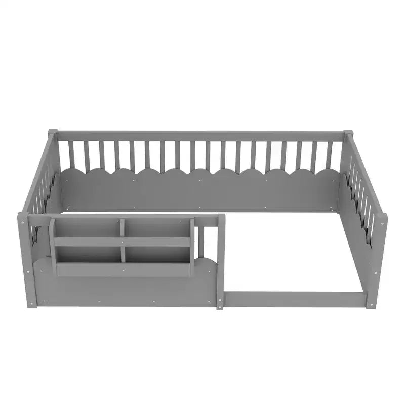 Cadre de lit au sol Montessori (Simple/Double/King) en bois avec barrière de sécurité et étagère à livres