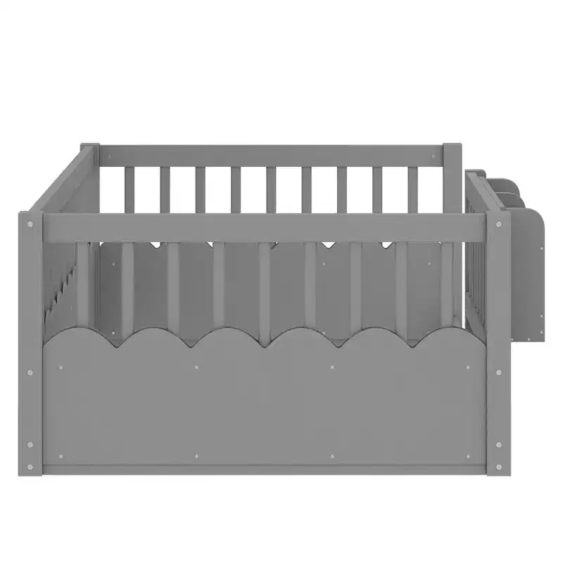 Cadre de lit au sol Montessori (Simple/Double/King) en bois avec barrière de sécurité et étagère à livres
