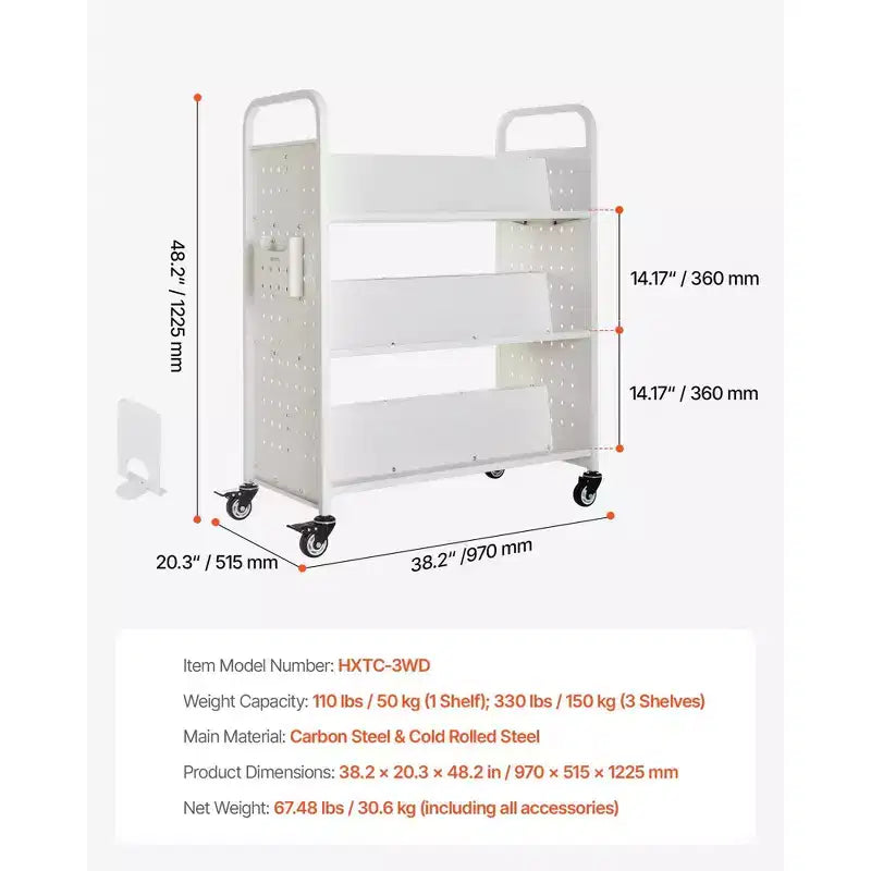 Chariot de rangement à roulettes à 3 niveaux avec étagères métalliques double face