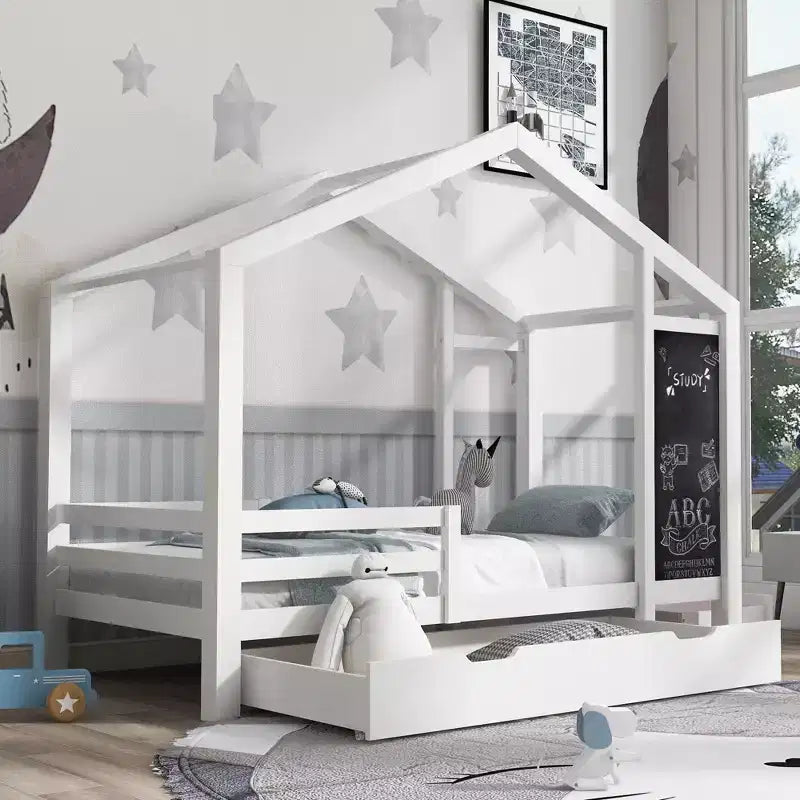 Full Size House Bed with Blackboard and Drawers, Two Assembly Options,Bed Frame with Guardrail,No Box Spring Needed,Space-Saving Design