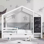 Lit d'enfant en forme de maison grandeur nature avec tableau noir et tiroirs de rangement