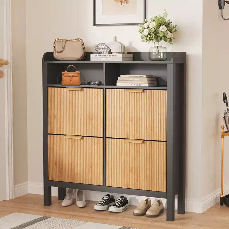 Meuble à chaussures avec 4 tiroirs basculants, organisateur de chaussures autoportant étroit avec pieds pour entrée