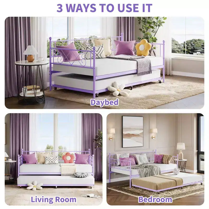 Lit de repos double avec lit gigogne, canapé-lit en métal avec tête de lit en forme de cœur, cadre robuste, violet