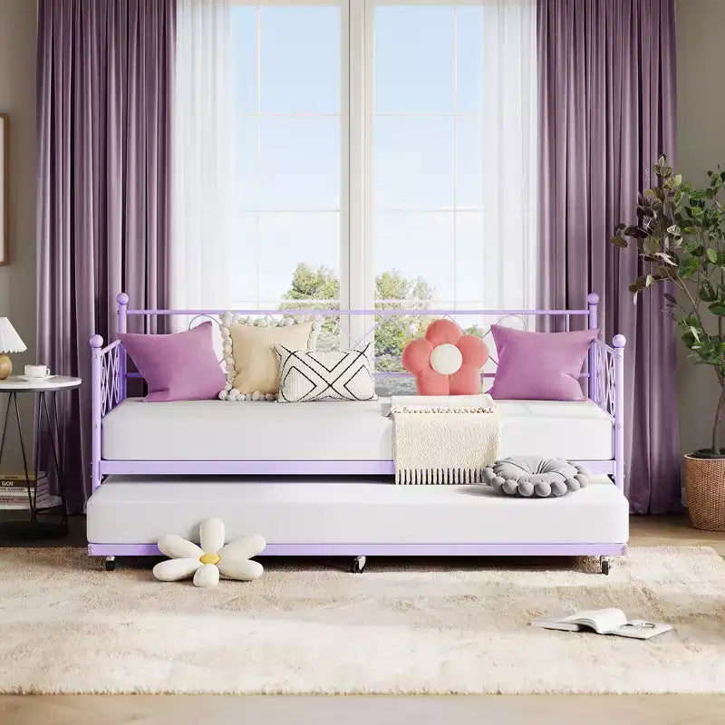 Lit de repos double avec lit gigogne, canapé-lit en métal avec tête de lit en forme de cœur, cadre robuste, violet