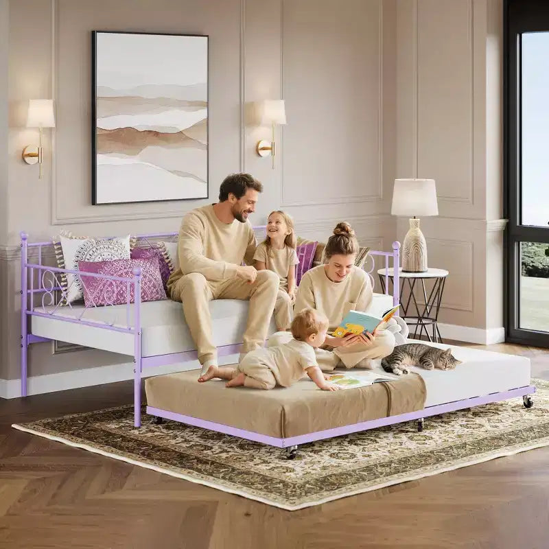 Lit de repos double avec lit gigogne, canapé-lit en métal avec tête de lit en forme de cœur, cadre robuste, violet