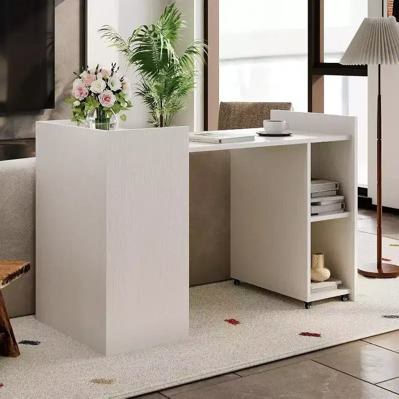 Bureau d'ordinateur blanc pliable avec étagères de rangement et roulettes
