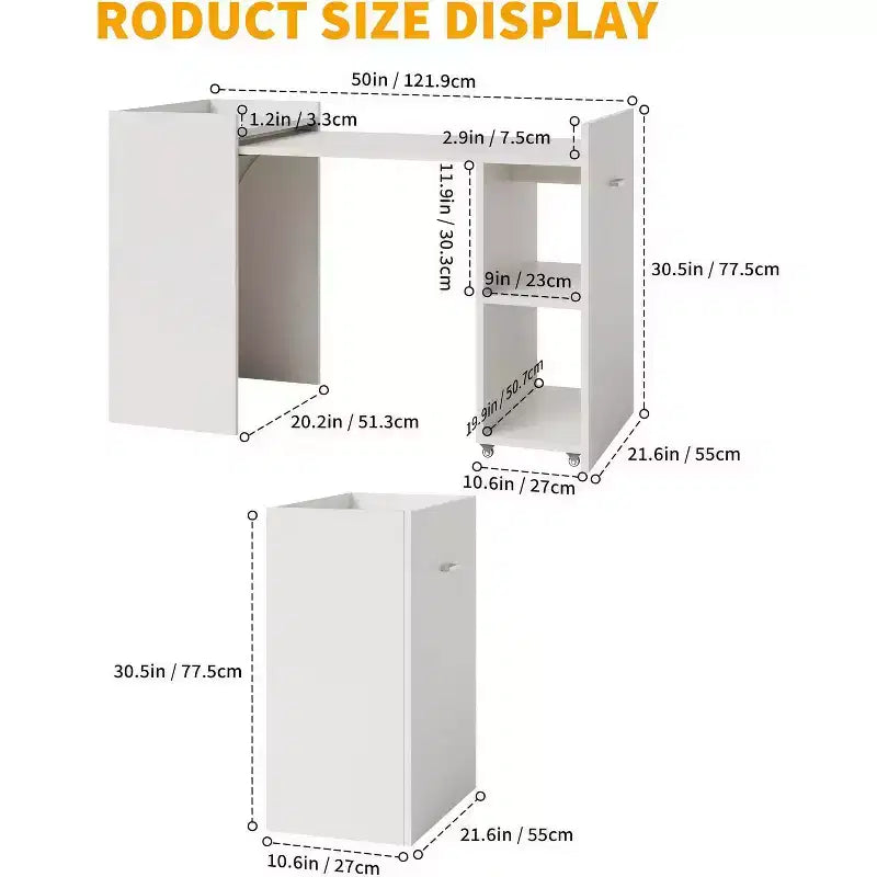 Bureau d'ordinateur blanc pliable avec étagères de rangement et roulettes