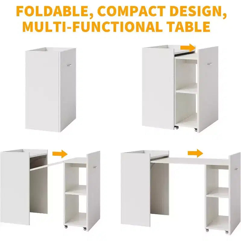 Bureau d'ordinateur blanc pliable avec étagères de rangement et roulettes