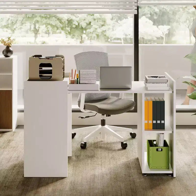 Bureau d'ordinateur blanc pliable avec étagères de rangement et roulettes
