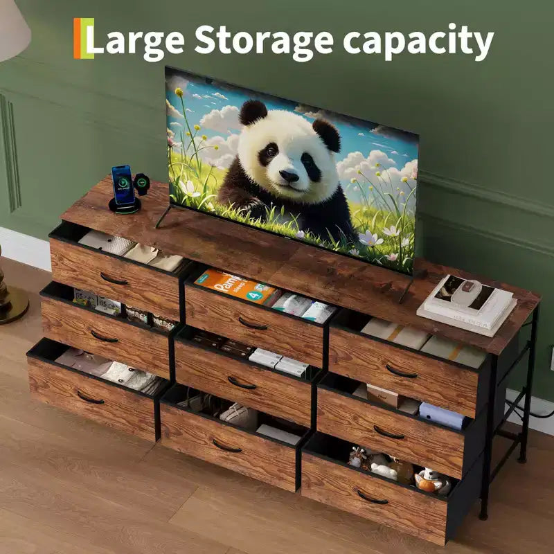 Meuble TV de 160 cm avec 9 tiroirs de rangement en tissu et plateau en grain de bois