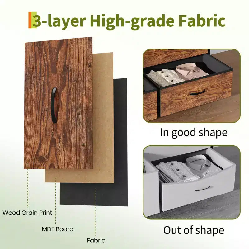 Meuble TV de 160 cm avec 9 tiroirs de rangement en tissu et plateau en grain de bois