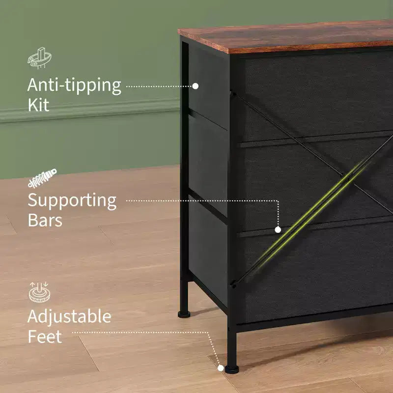 Meuble TV de 160 cm avec 9 tiroirs de rangement en tissu et plateau en grain de bois