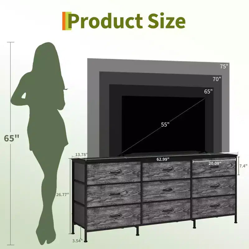 Meuble TV de 160 cm avec 9 tiroirs de rangement en tissu et plateau en grain de bois