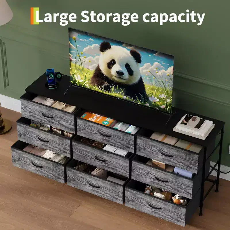 Meuble TV de 160 cm avec 9 tiroirs de rangement en tissu et plateau en grain de bois