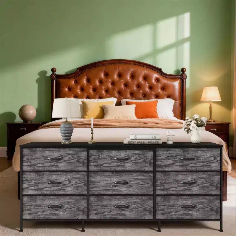 Meuble TV de 160 cm avec 9 tiroirs de rangement en tissu et plateau en grain de bois