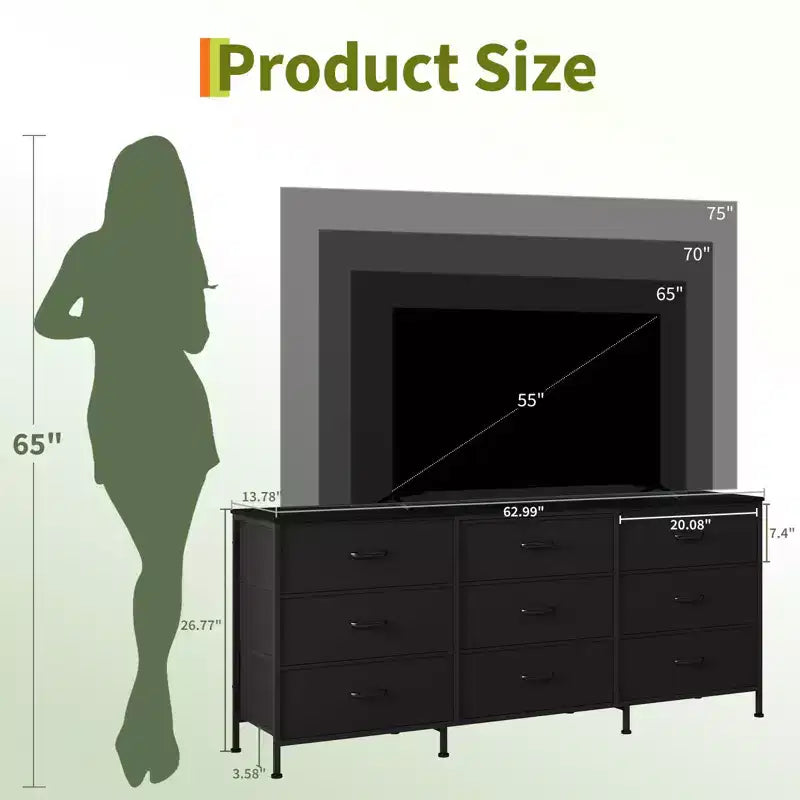 Meuble TV de 160 cm avec 9 tiroirs de rangement en tissu et plateau en grain de bois