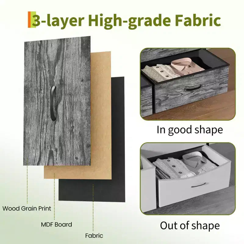 Meuble TV de 160 cm avec 9 tiroirs de rangement en tissu et plateau en grain de bois