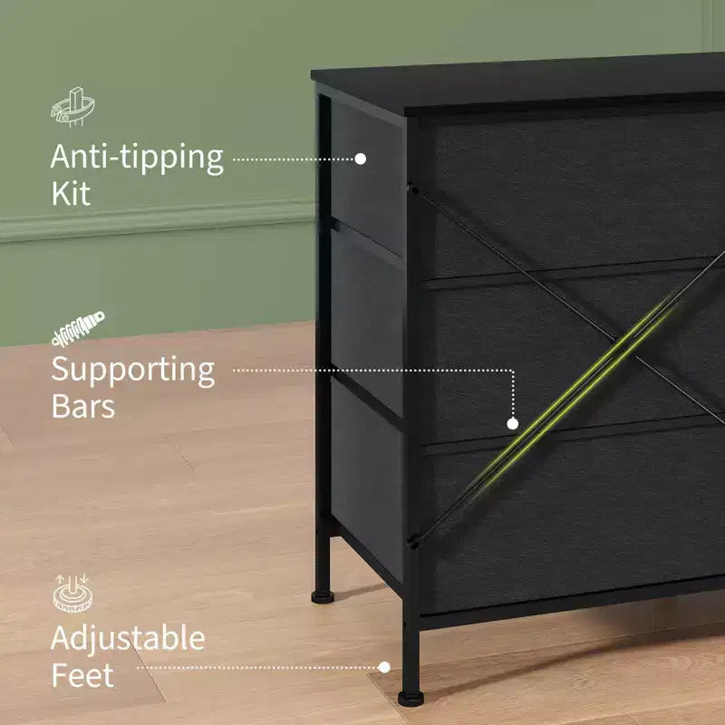 Meuble TV de 160 cm avec 9 tiroirs de rangement en tissu et plateau en grain de bois