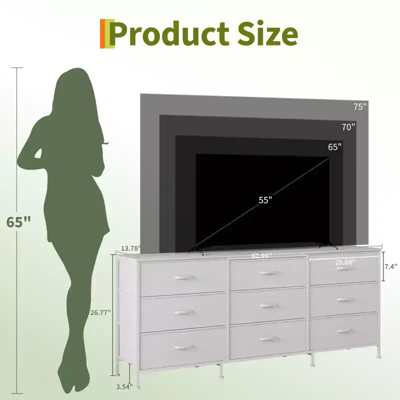 Meuble TV de 160 cm avec 9 tiroirs de rangement en tissu et plateau en grain de bois