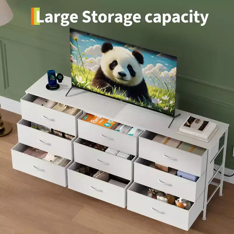Meuble TV de 160 cm avec 9 tiroirs de rangement en tissu et plateau en grain de bois