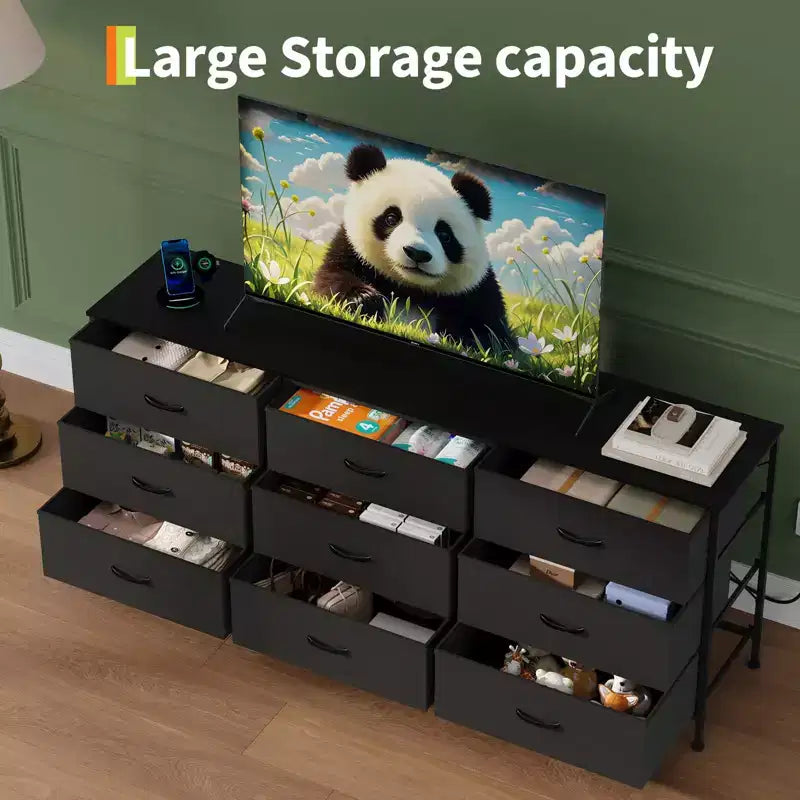 Meuble TV de 160 cm avec 9 tiroirs de rangement en tissu et plateau en grain de bois