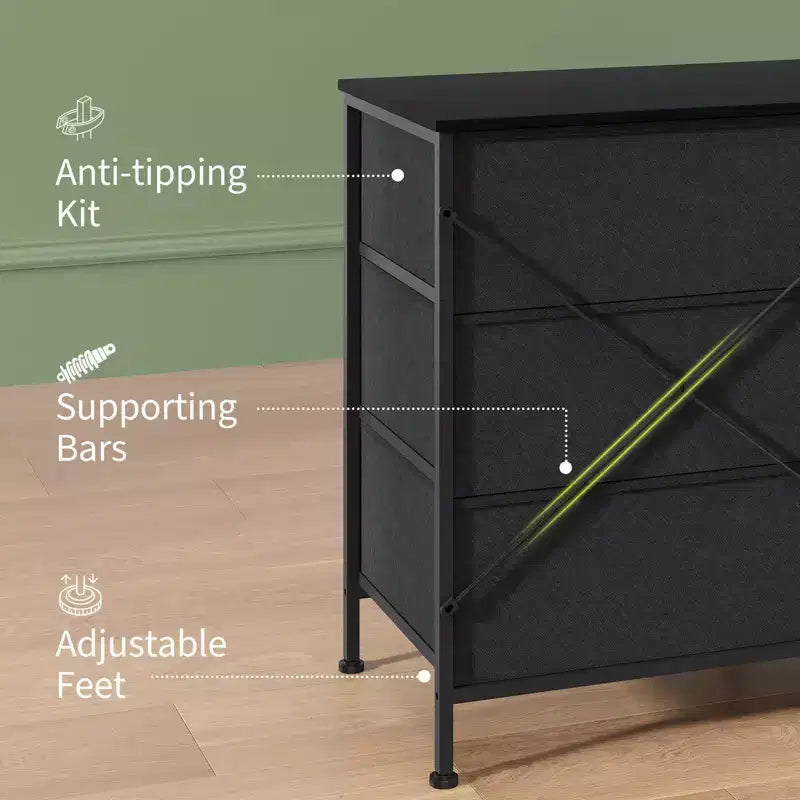 Meuble TV de 160 cm avec 9 tiroirs de rangement en tissu et plateau en grain de bois