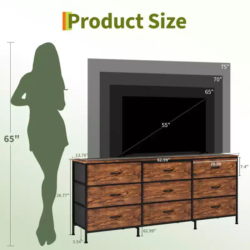 Meuble TV de 160 cm avec 9 tiroirs de rangement en tissu et plateau en grain de bois