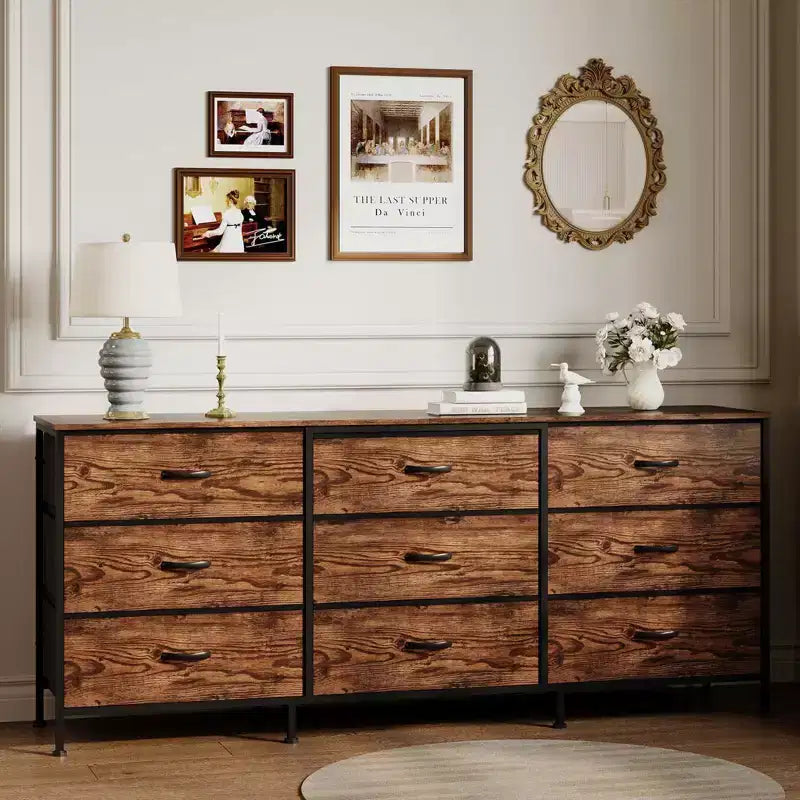 Meuble TV de 160 cm avec 9 tiroirs de rangement en tissu et plateau en grain de bois