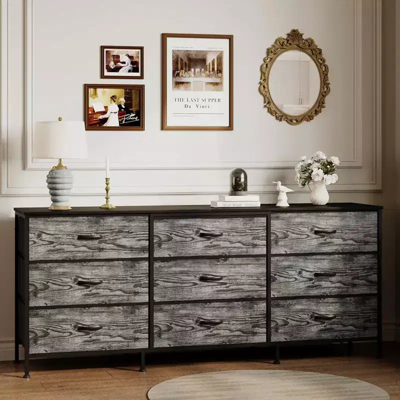 Meuble TV de 160 cm avec 9 tiroirs de rangement en tissu et plateau en grain de bois