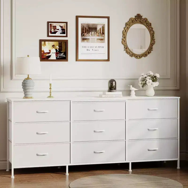 Meuble TV de 160 cm avec 9 tiroirs de rangement en tissu et plateau en grain de bois