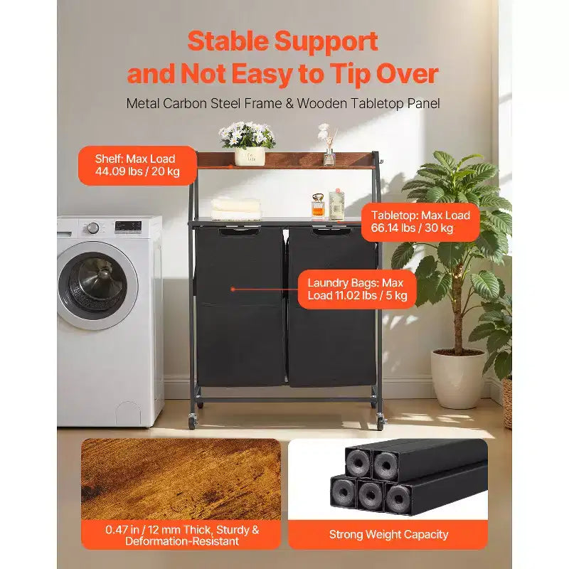 VEVOR Trieur à linge à 2 niveaux, panier à linge haut avec cadre métallique et plateau en bois, organiseur de rangement à roulettes à 2 sections, noir