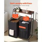 VEVOR Trieur à linge à 2 niveaux, panier à linge haut avec cadre métallique et plateau en bois, organiseur de rangement à roulettes à 2 sections, noir