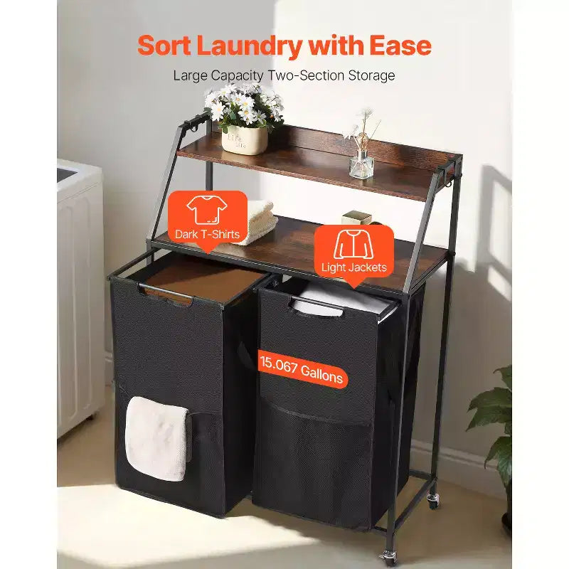 VEVOR Trieur à linge à 2 niveaux, panier à linge haut avec cadre métallique et plateau en bois, organiseur de rangement à roulettes à 2 sections, noir