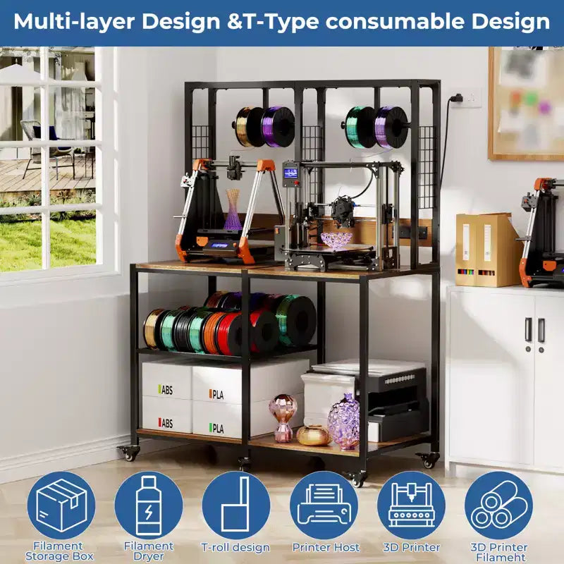 Support double pour imprimante 3D avec rangement de filament et prise de courant