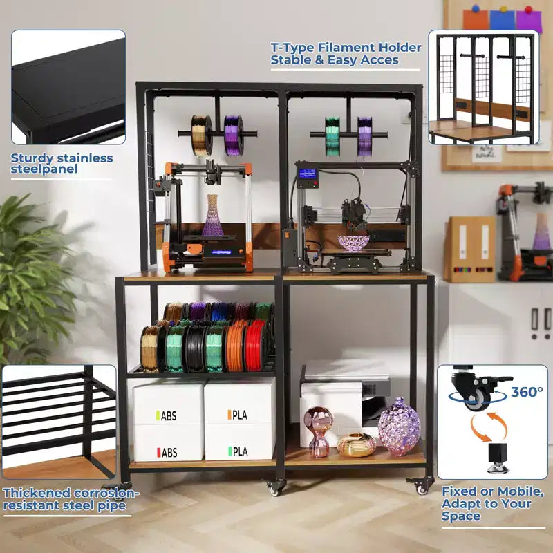 Support double pour imprimante 3D avec rangement de filament et prise de courant