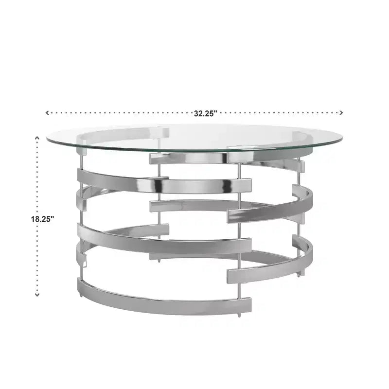 Table basse ronde en verre trempé avec piètement en fer argenté