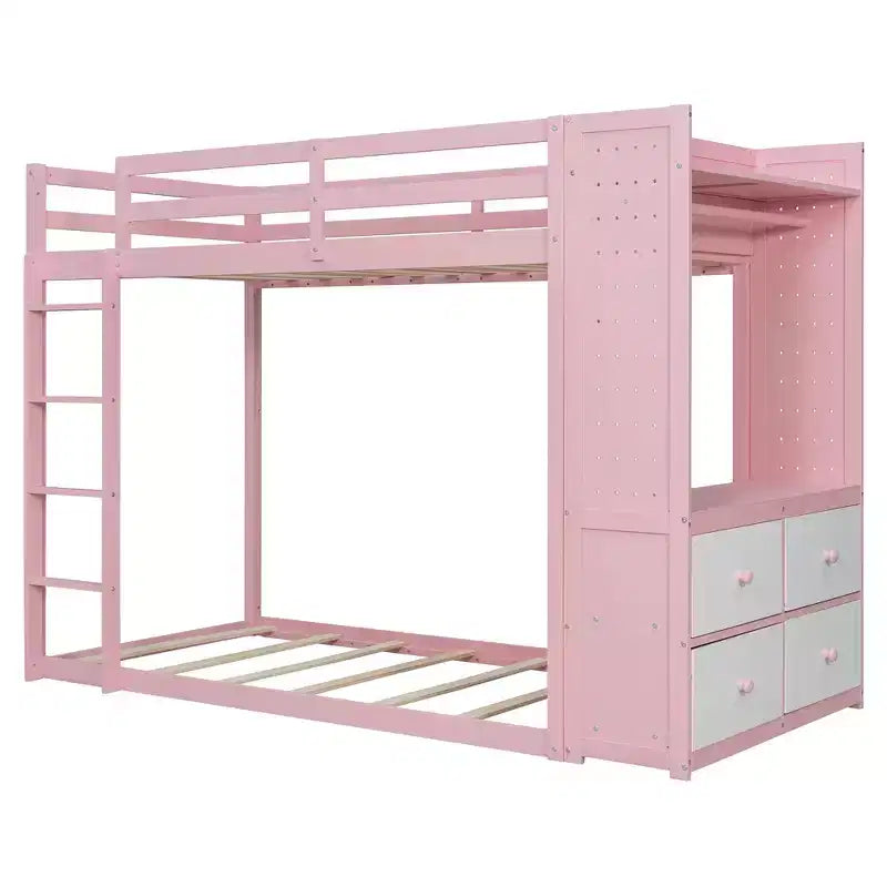 Lit superposé jumeau sur jumeau avec commode éclairée, portant et tiroirs de rangement