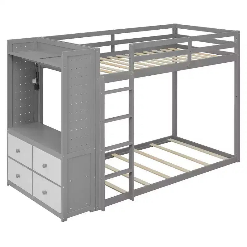 Lit superposé jumeau sur jumeau avec commode éclairée, portant et tiroirs de rangement