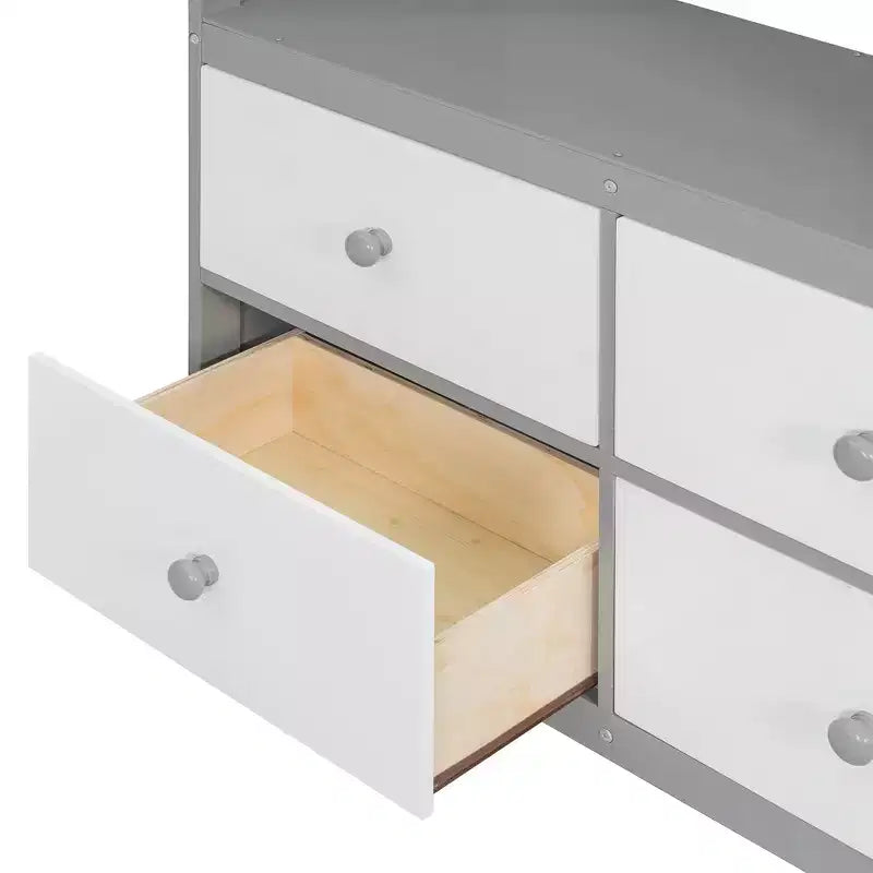 Lit superposé jumeau sur jumeau avec commode éclairée, portant et tiroirs de rangement