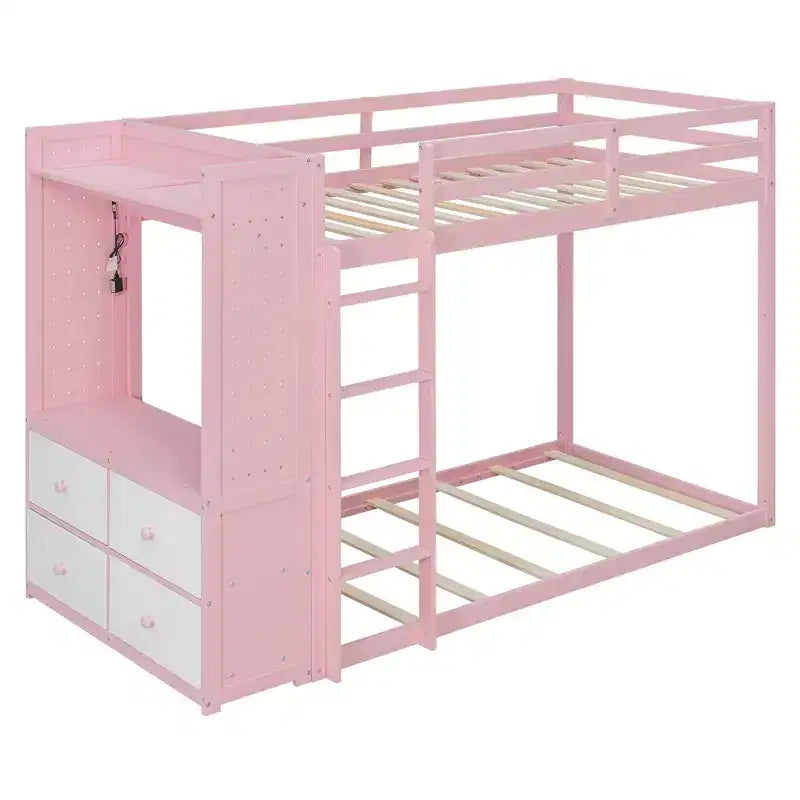 Lit superposé jumeau sur jumeau avec commode éclairée, portant et tiroirs de rangement