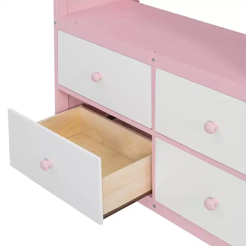 Lit superposé jumeau sur jumeau avec commode éclairée, portant et tiroirs de rangement