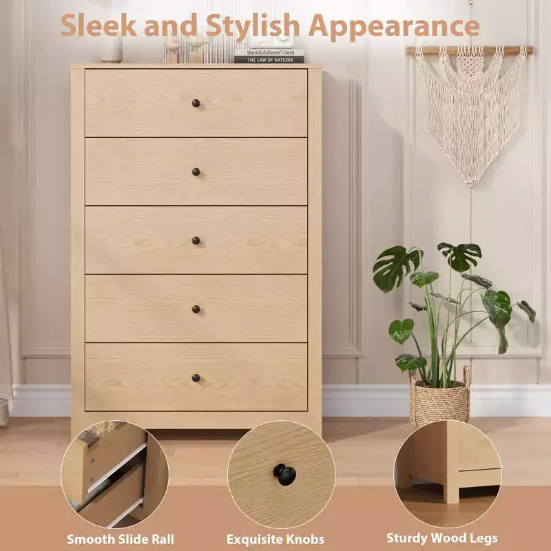 Commode haute à 5 tiroirs – Armoire en chêne pour chambre et salon