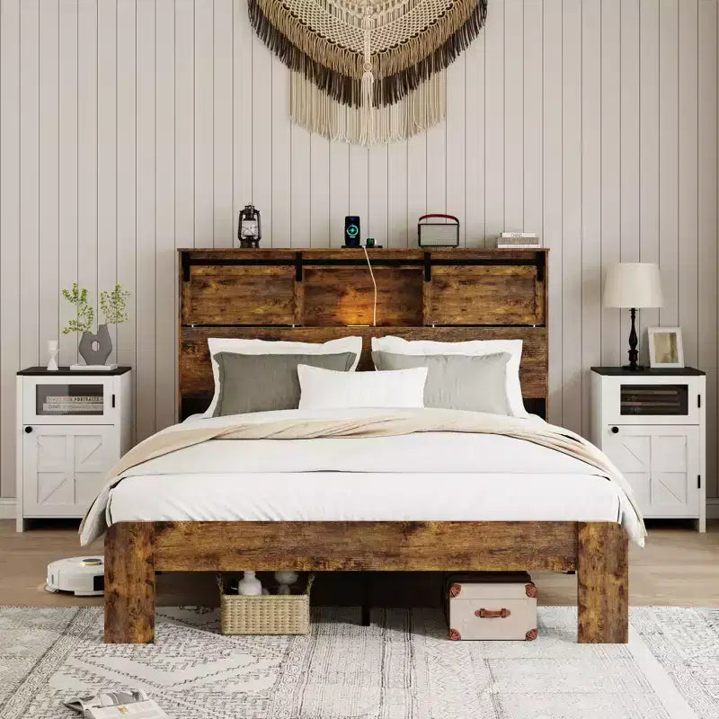 Queen/King Size Platform Bed with Charging Station, Wood Platform Bed Frame with Storage