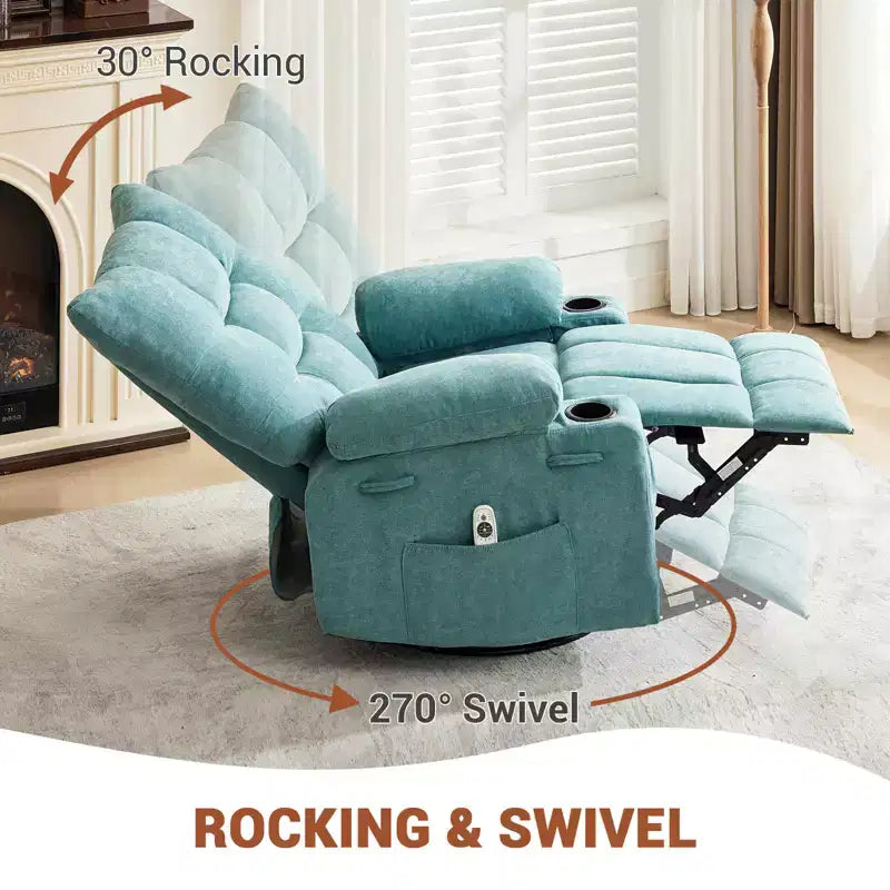 Fauteuil inclinable pivotant avec chauffage et massage - Fauteuil inclinable à bascule à 360° avec porte-gobelets et poche latérale - Canapé individuel ergonomique, Bleu